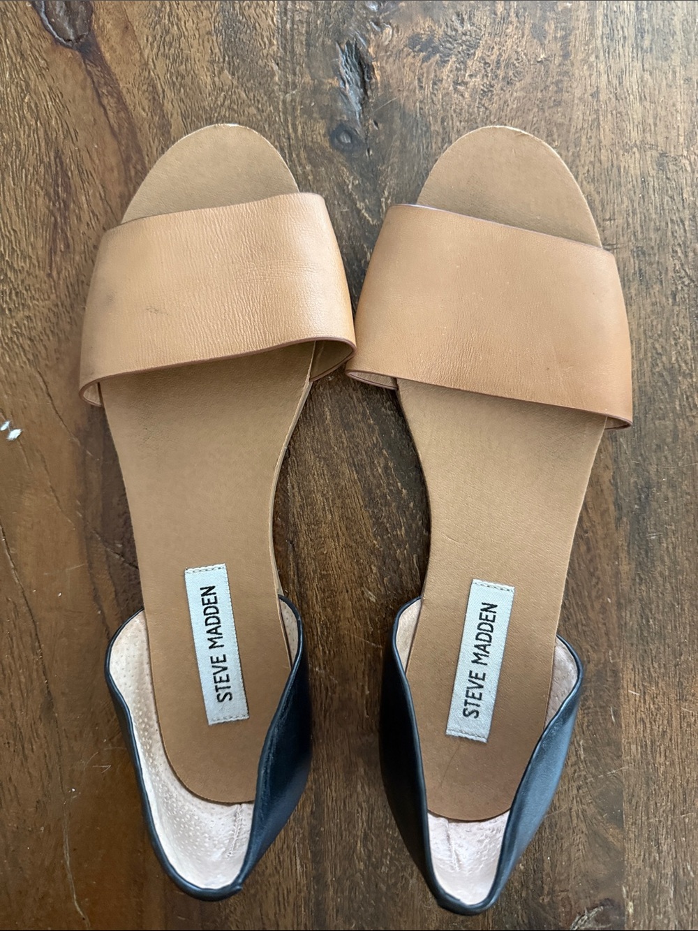 Steve Madden Two-Tone Tan Slide Sandals with Black Heel